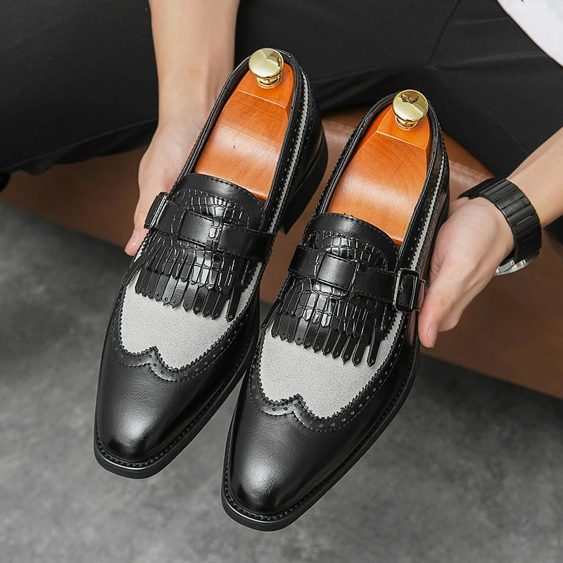 Brown leather wingtip brogue loafer with croc-embossed strap, handcrafted luxury dress shoe for professionals