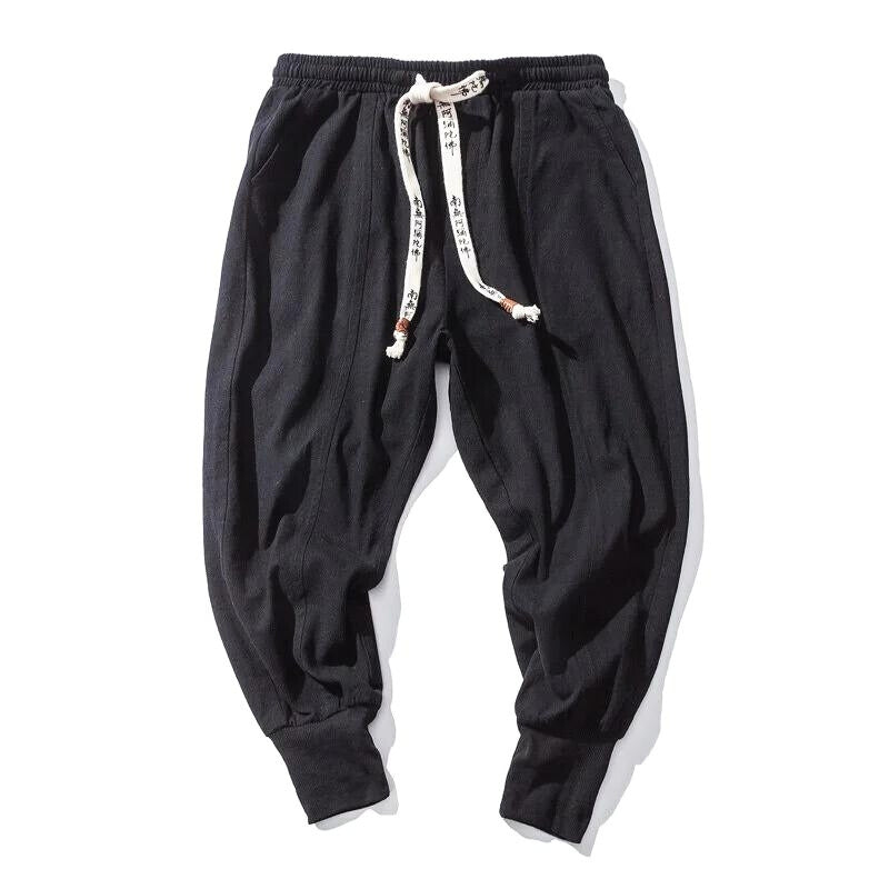 Mayfair linen cotton blend joggers in neutral tone, Korean heritage streetwear design with refined drape