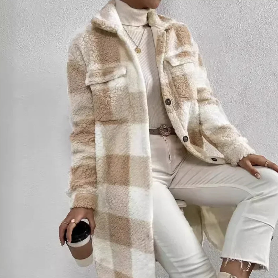 Women's oversized plaid sherpa jacket in cozy relaxed fit with ultra-soft plush fabric for autumn layering