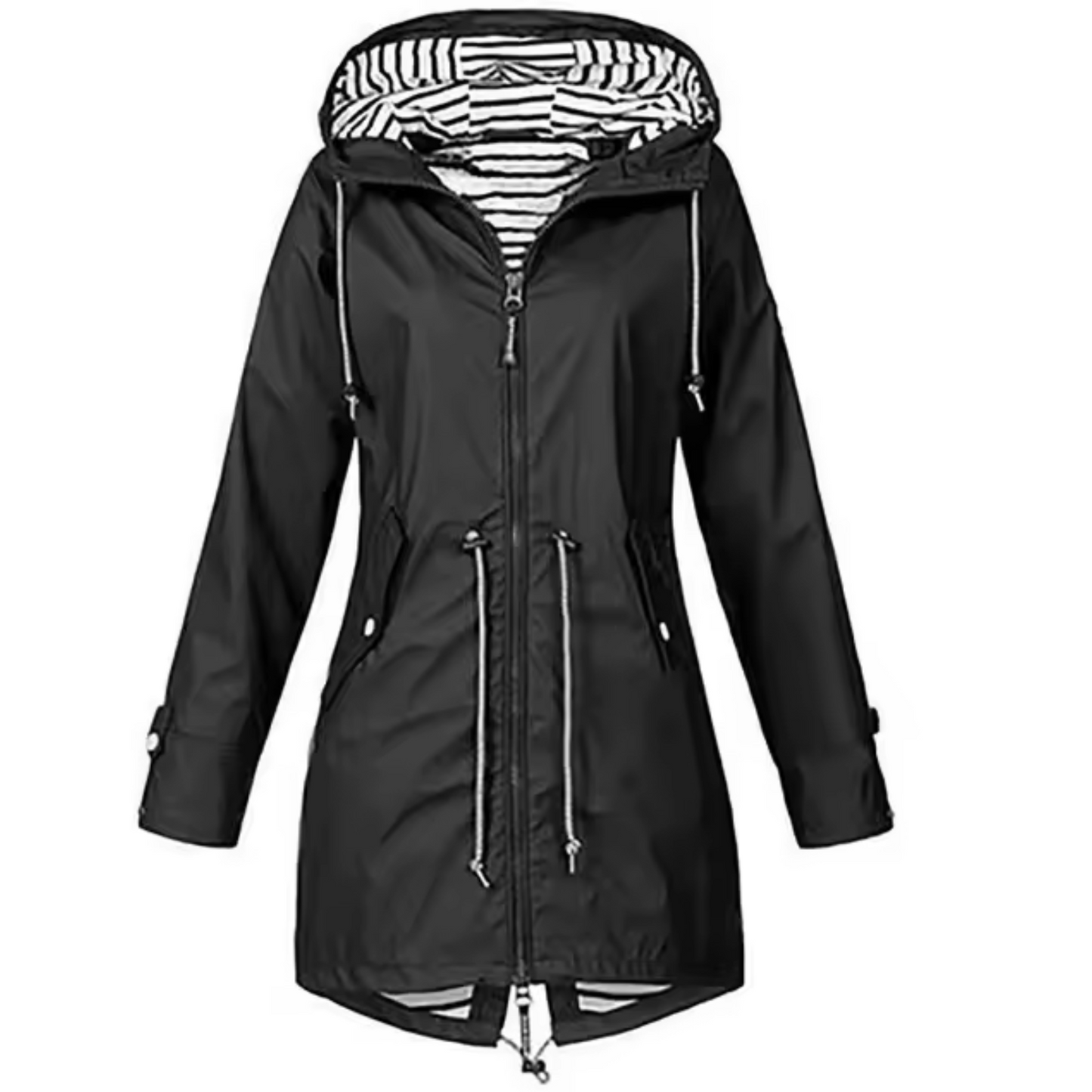 Women's long waterproof rain jacket with lined hood and adjustable waist, minimalist Scandinavian cut