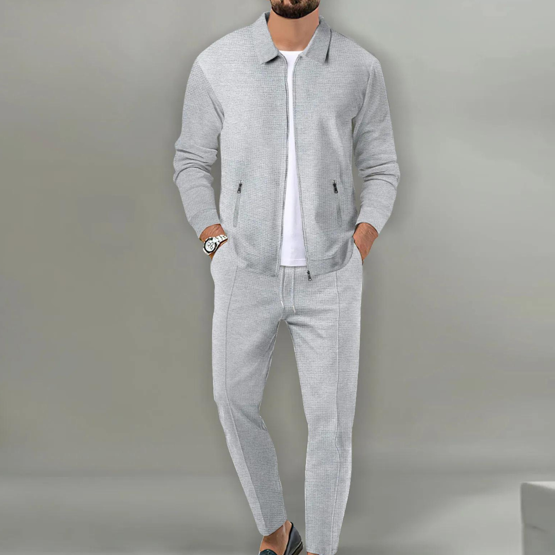 Men's slim fit casual matching set neutral tones modern tapered silhouette coordinated top and bottom