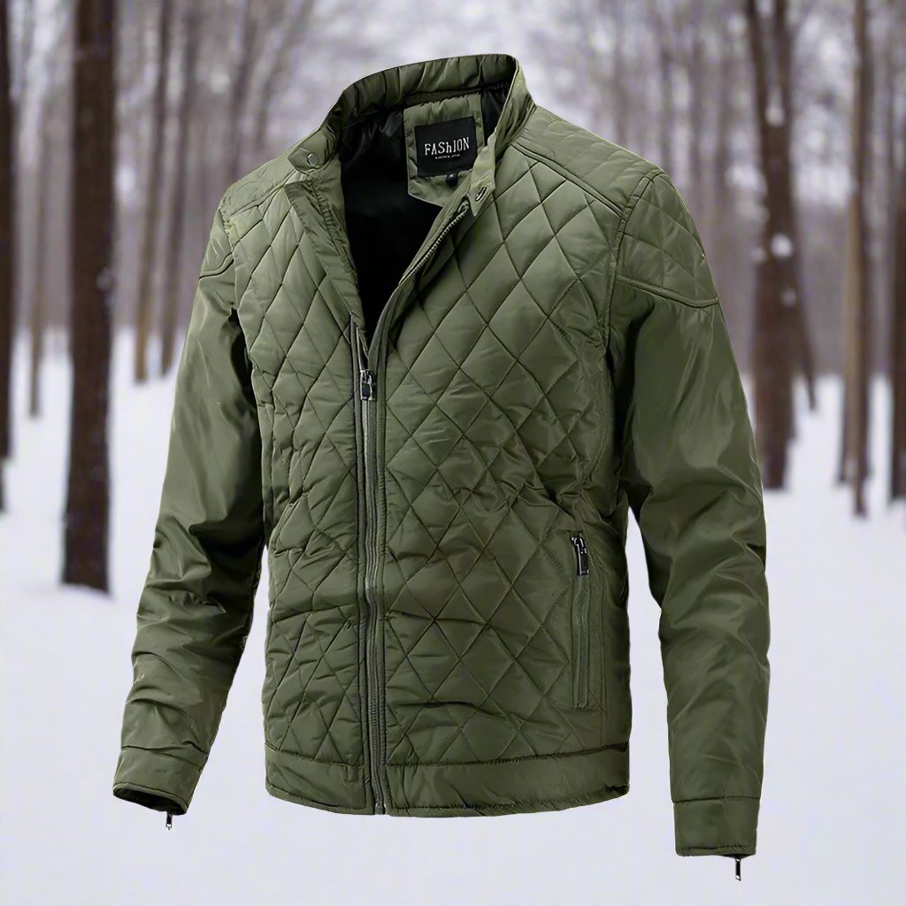 Men's slim fit quilted jacket high collar secure zipper pockets lightweight outdoor winter essential