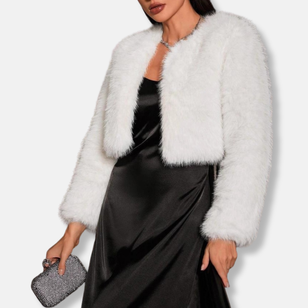 Women's cropped faux fur coat open front collarless plush texture warm winter fashion