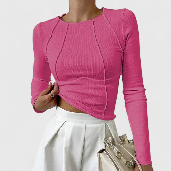 Madison women's slim fit long sleeve top in neutral tone, polished work-ready style with streamlined silhouette