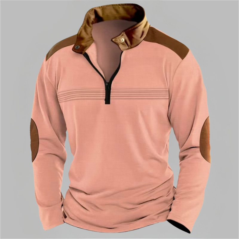 Men's two-tone half-zip pullover in athletic cut with soft texture and contrast color blocking
