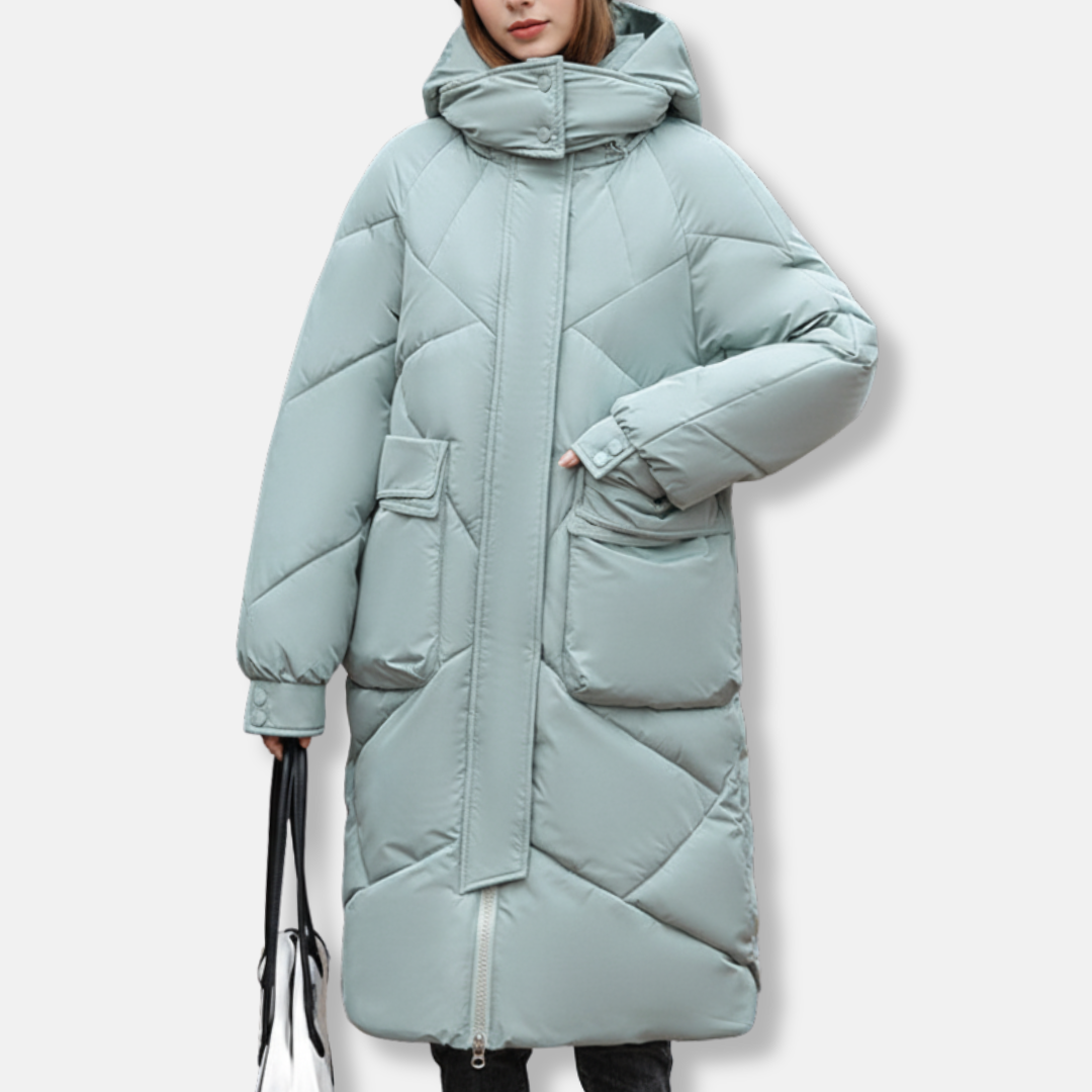 Women's black quilted maxi coat oversized fit high collar hood cold weather winter warmth