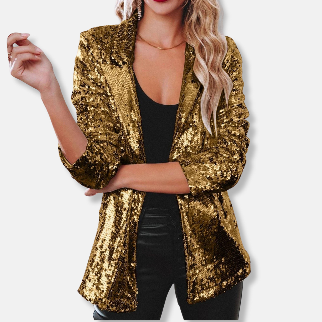 Women's relaxed hip-length party blazer with sequin embellishments and classic collared neckline