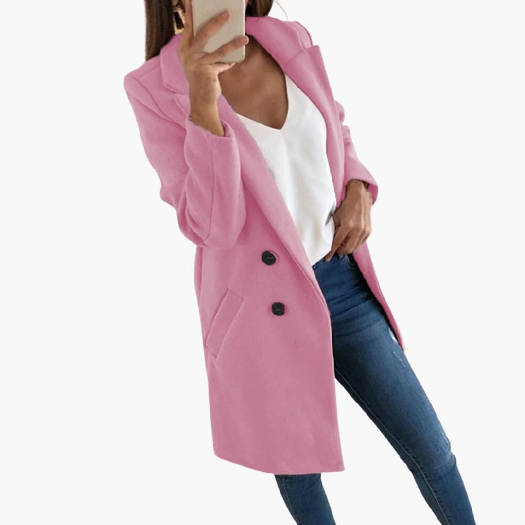 Women's long sleeve button-front coat with fold-over collar, cozy lined interior and side pockets