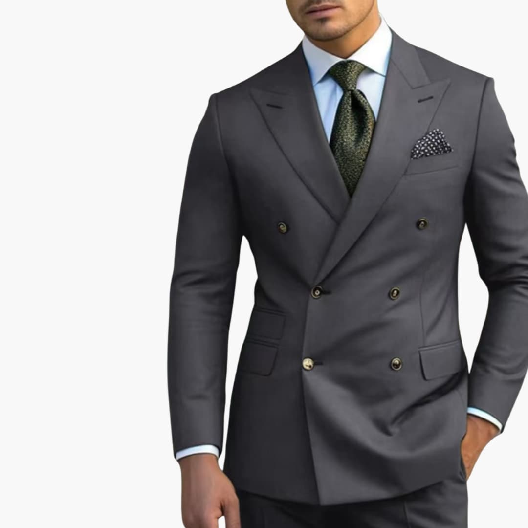 Men's charcoal double-breasted suit notched lapel six-button jacket tailored trousers professional fit