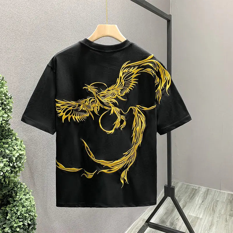 Unisex heavyweight cotton tee with bold red phoenix back embroidery, premium combed fit