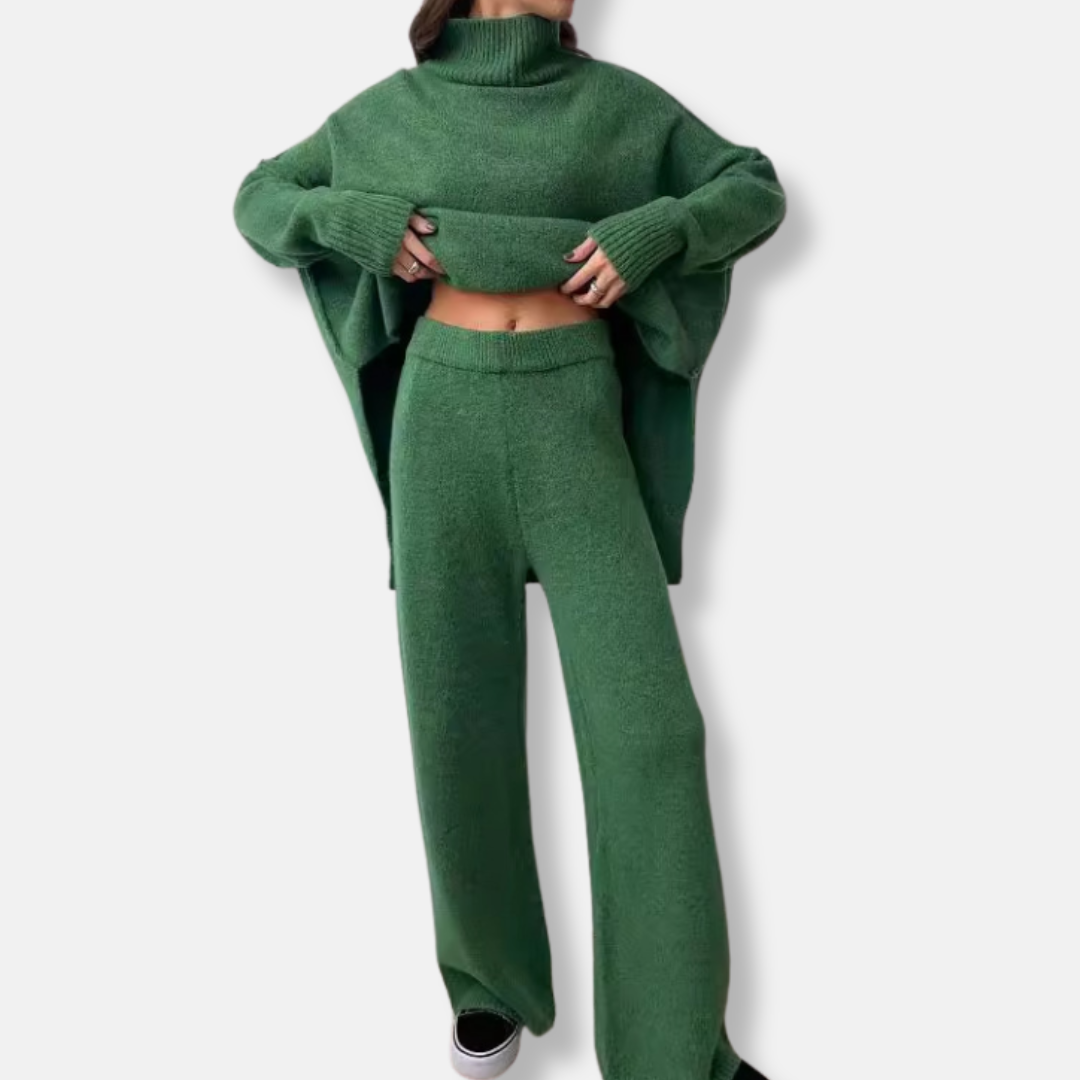 Women's chunky knit two-piece set oversized turtleneck sweater coordinated relaxed silhouette acrylic blend