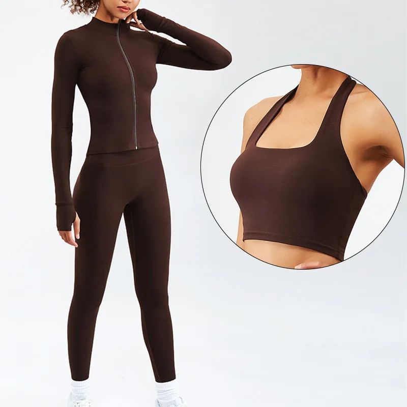Women's three-piece yoga set breathable second-skin fabric high-waist sculpting leggings sleek fit