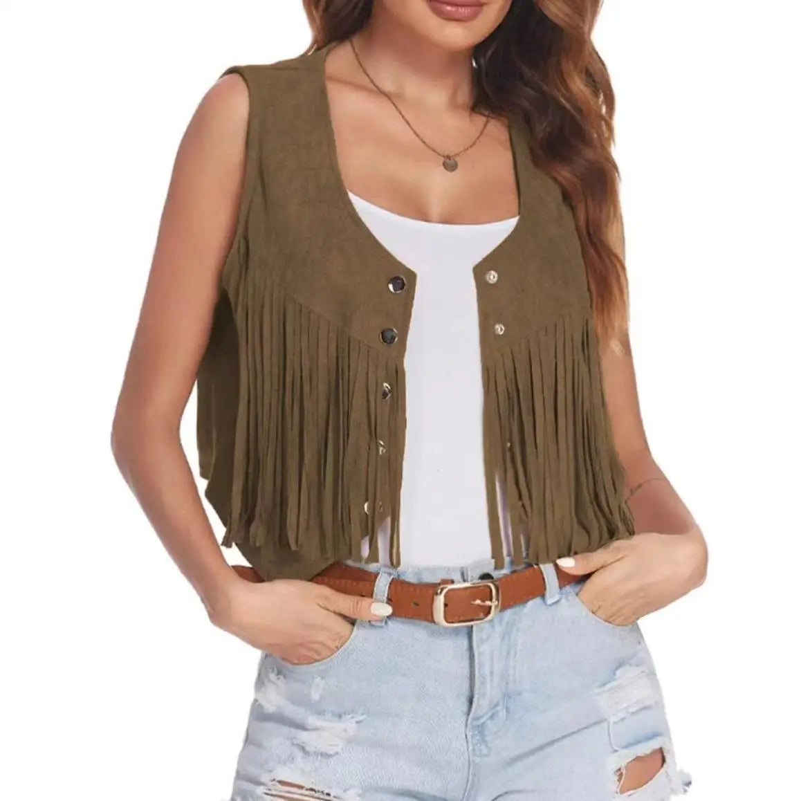 Women's tan faux suede cropped fringe vest with snap front closure and cascade western festival style