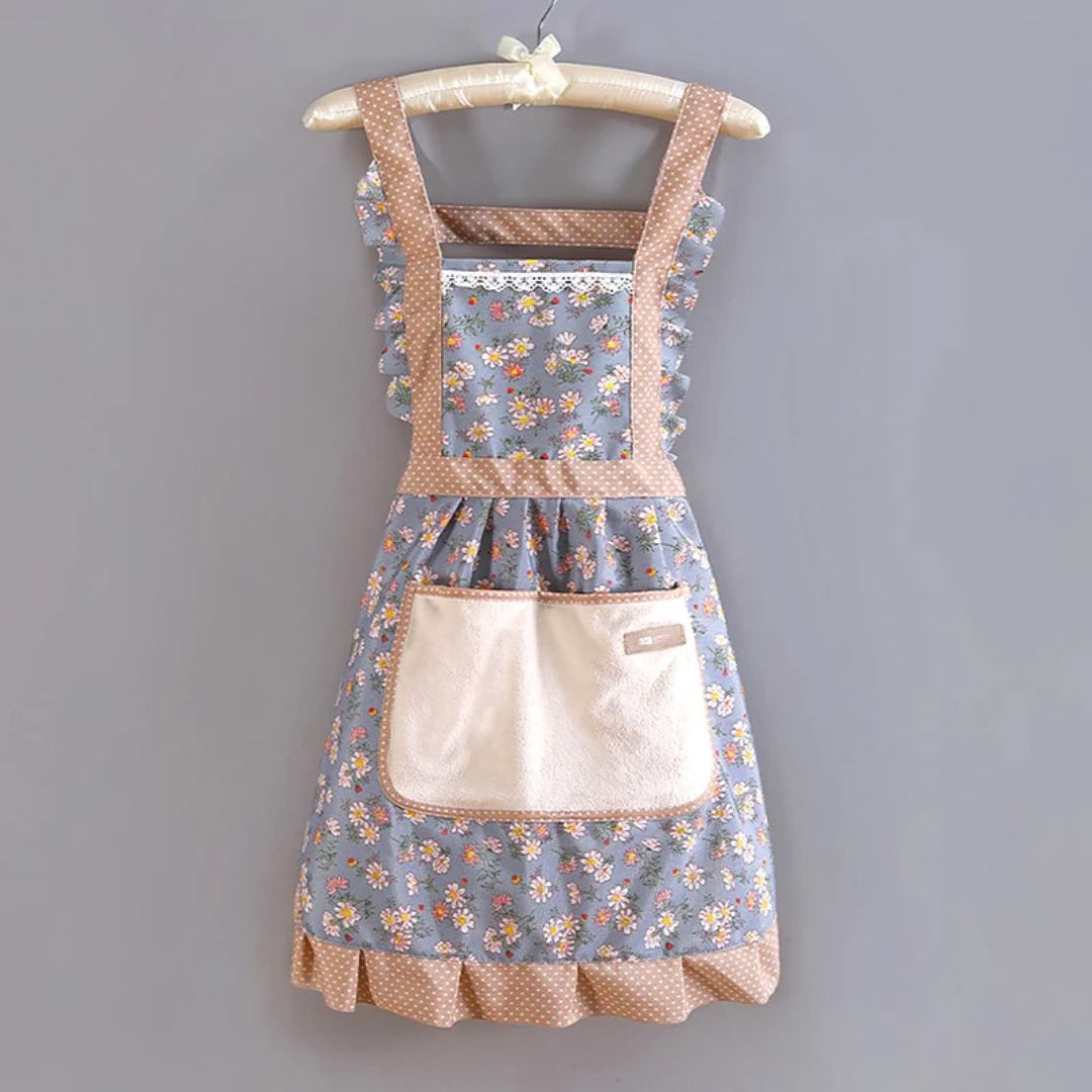 Vintage floral cotton apron with ruffle trim, polka dot accents, feminine style for home cooks