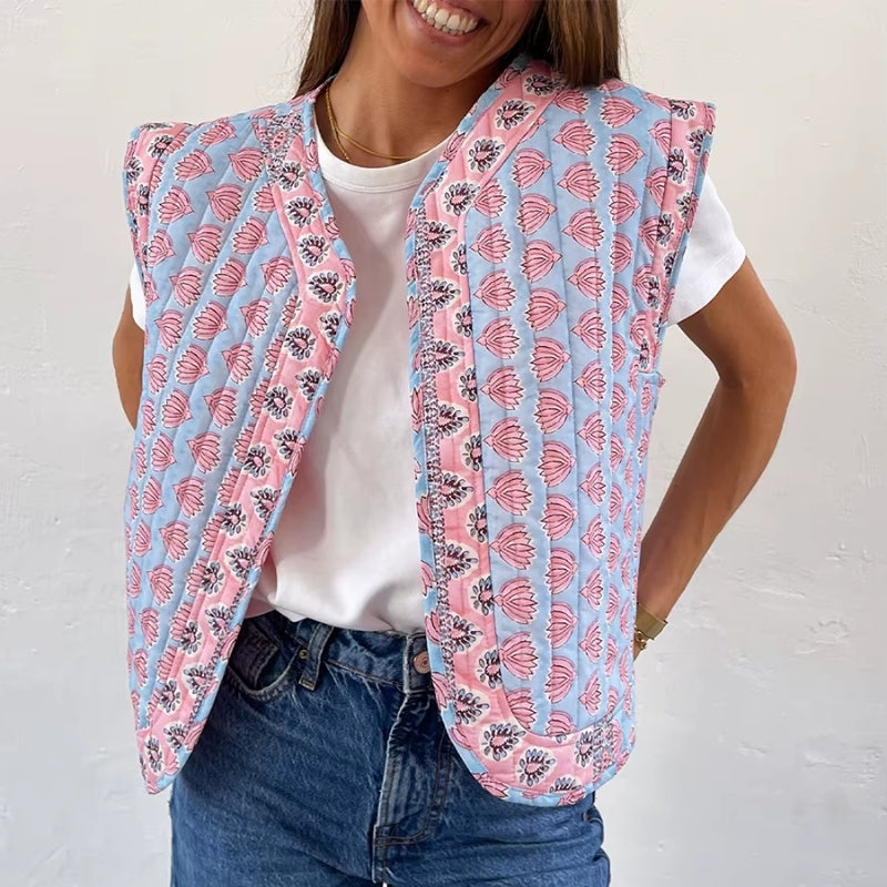 Women's plaid floral sleeveless vest open-front lightweight coat with hand-stitched cozy layering