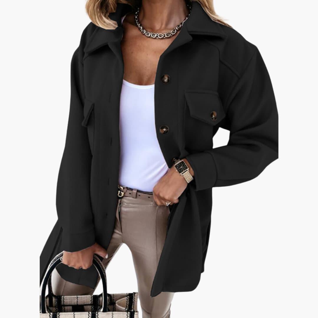Women's long tailored coat button-front jacket with chest pockets in classic solid color