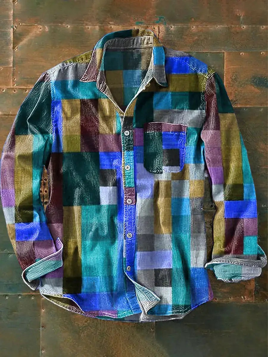 Men's casual multi-tone plaid button-front shirt with bold colorful pattern for everyday wear