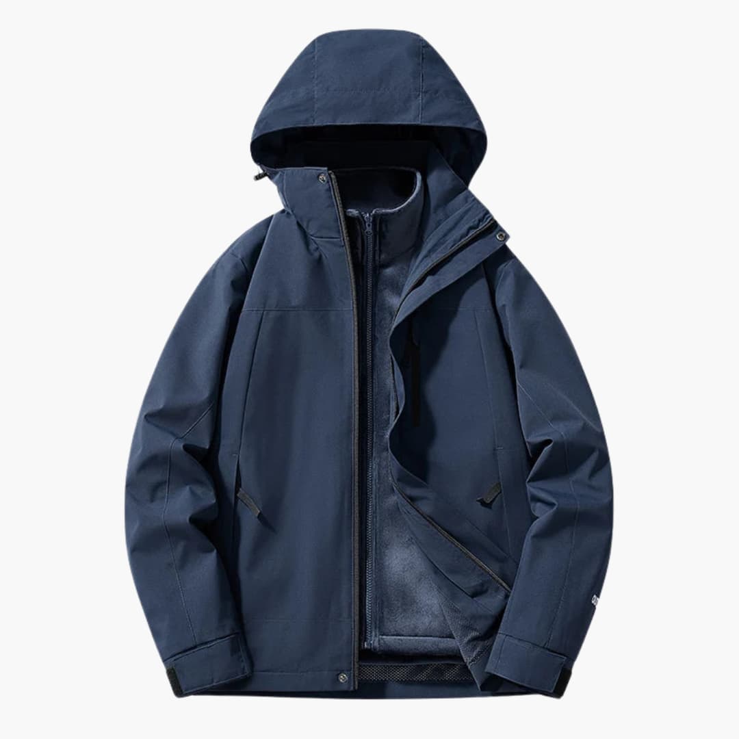 Unisex two-tone ski jacket with hood, full-length zipper pockets, all-weather outdoor performance fit