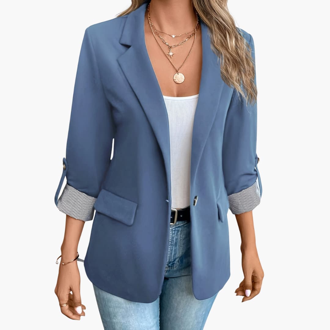 Women's long blazer elegant professional jacket tailored silhouette clean lines versatile workwear