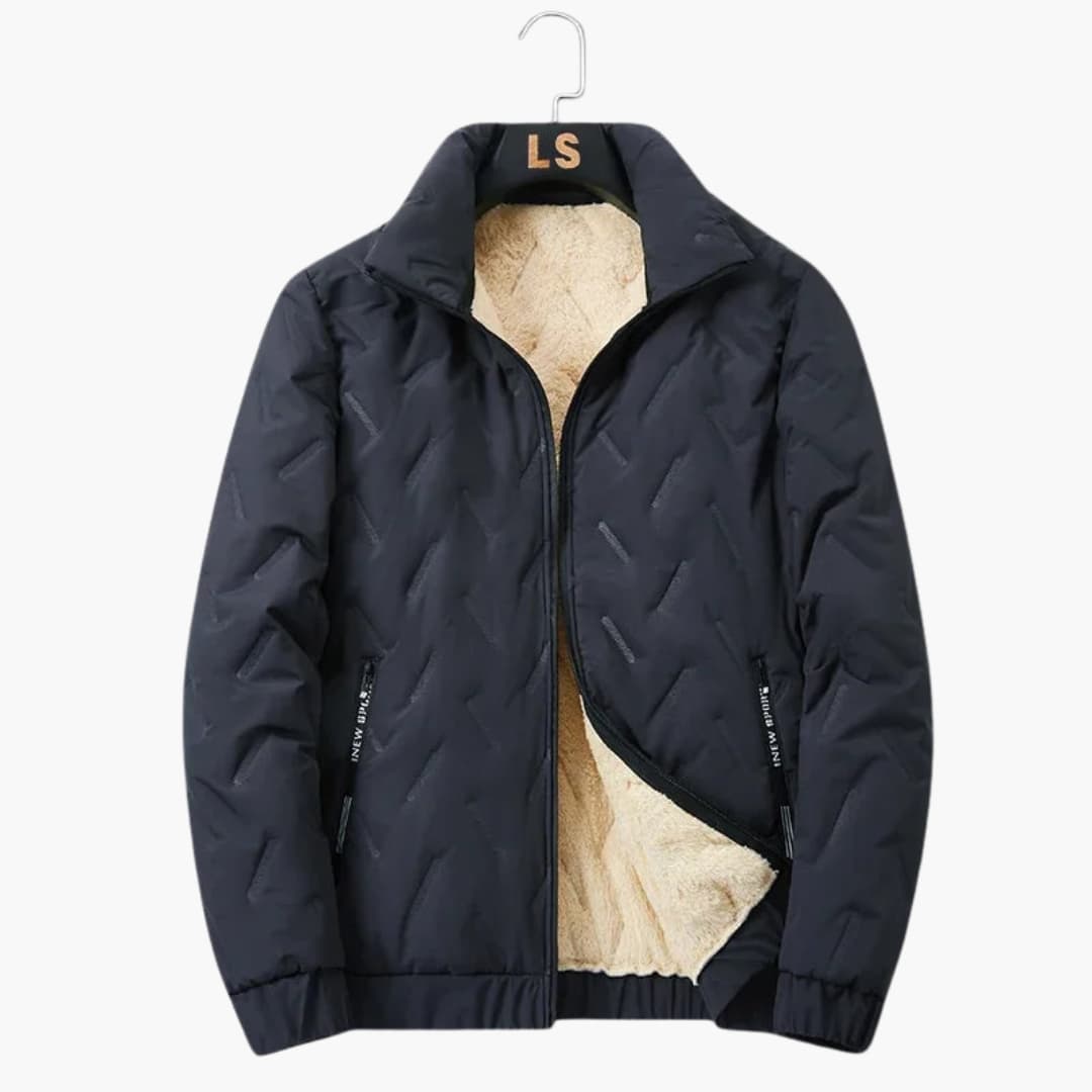 Men's ski jacket navy blue structured lapel collar full-zip lined interior cold-weather insulation