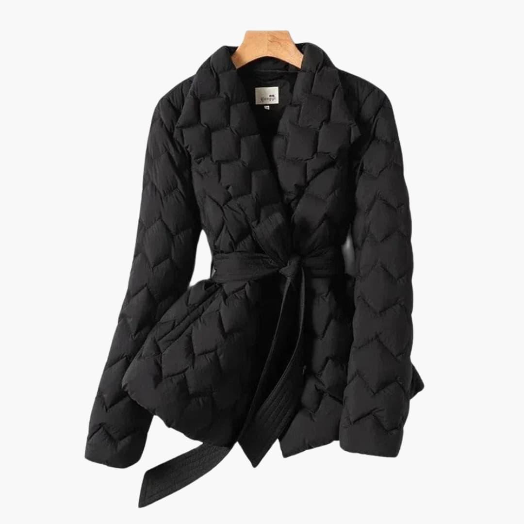 Women's belted down coat in elegant silhouette, warm insulated winter outerwear with adjustable waist belt