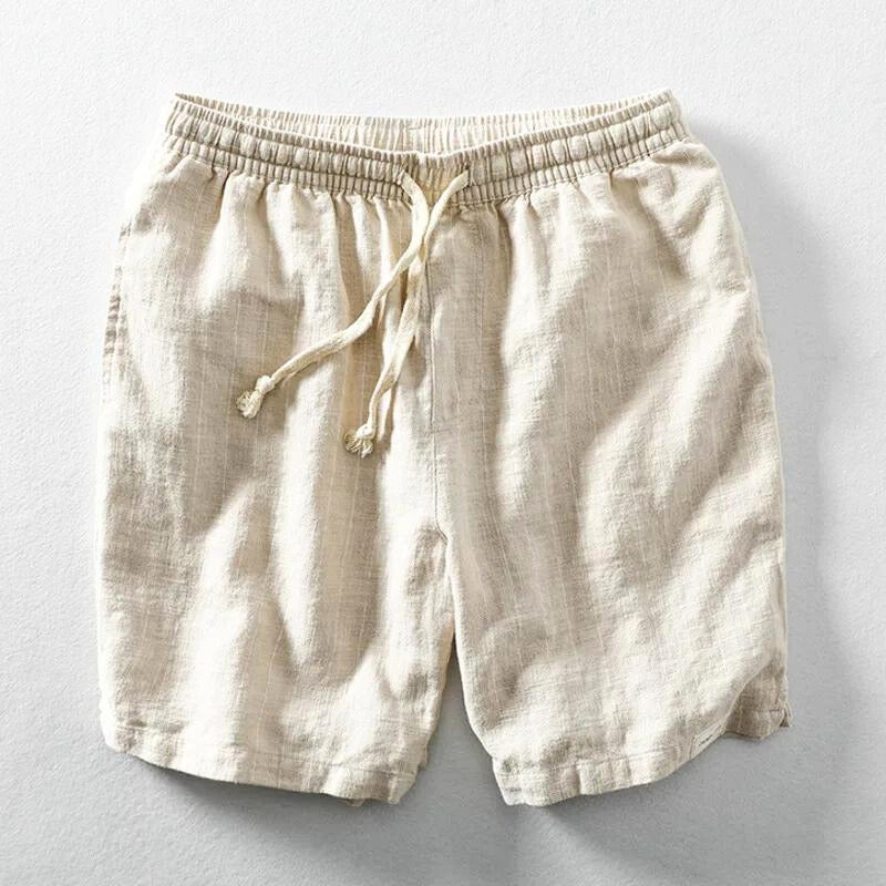 Men's beige linen blend shorts relaxed coastal fit with sleek pinstripe detail for summer comfort