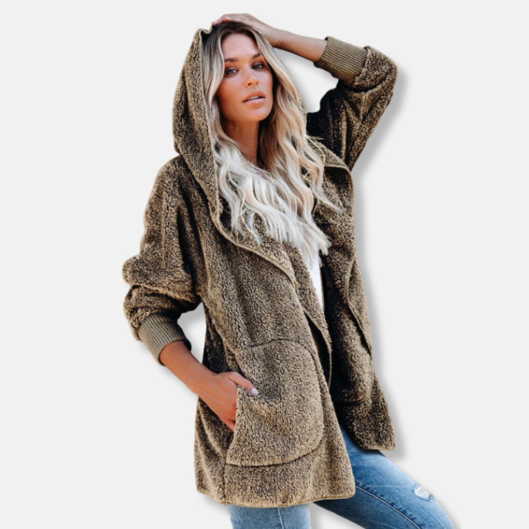 Women's oversized sherpa fleece hooded cardigan open front with pockets, ultra-soft cozy fit