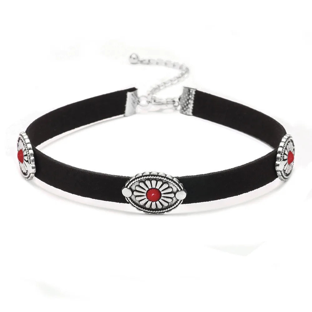 Boho western suede choker necklace engraved silver conchos turquoise inlays adjustable women