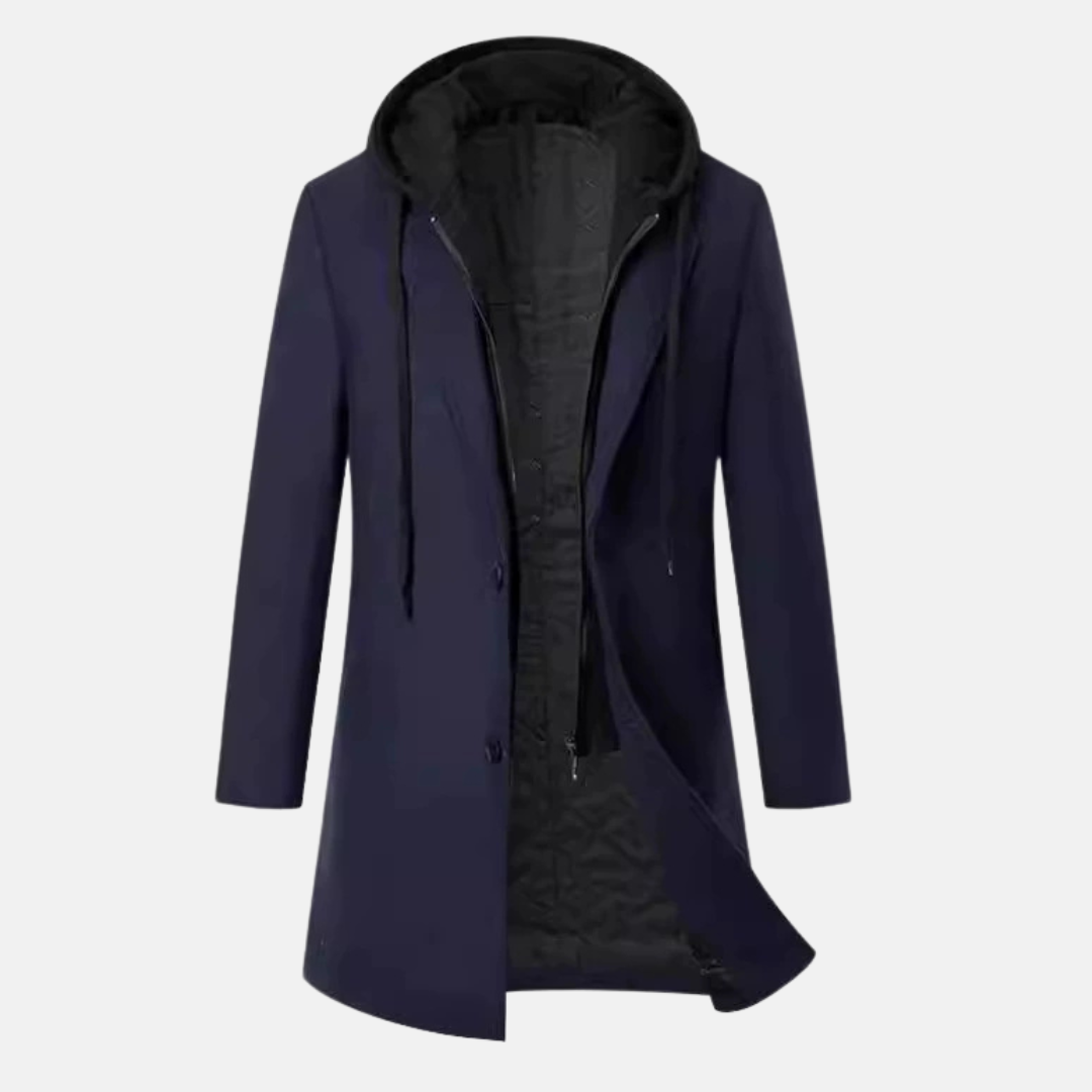 Men's charcoal wool blend overcoat tailored mid-length silhouette with quilted lining and removable hood