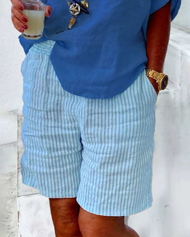 Women's striped linen-cotton blend mid-rise summer shorts with pockets, chic breathable design
