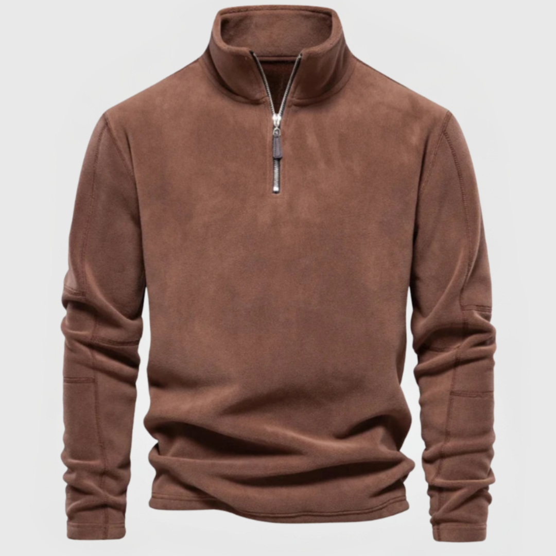 Navy blue lightweight fleece half-zip pullover with stand collar for everyday casual layering