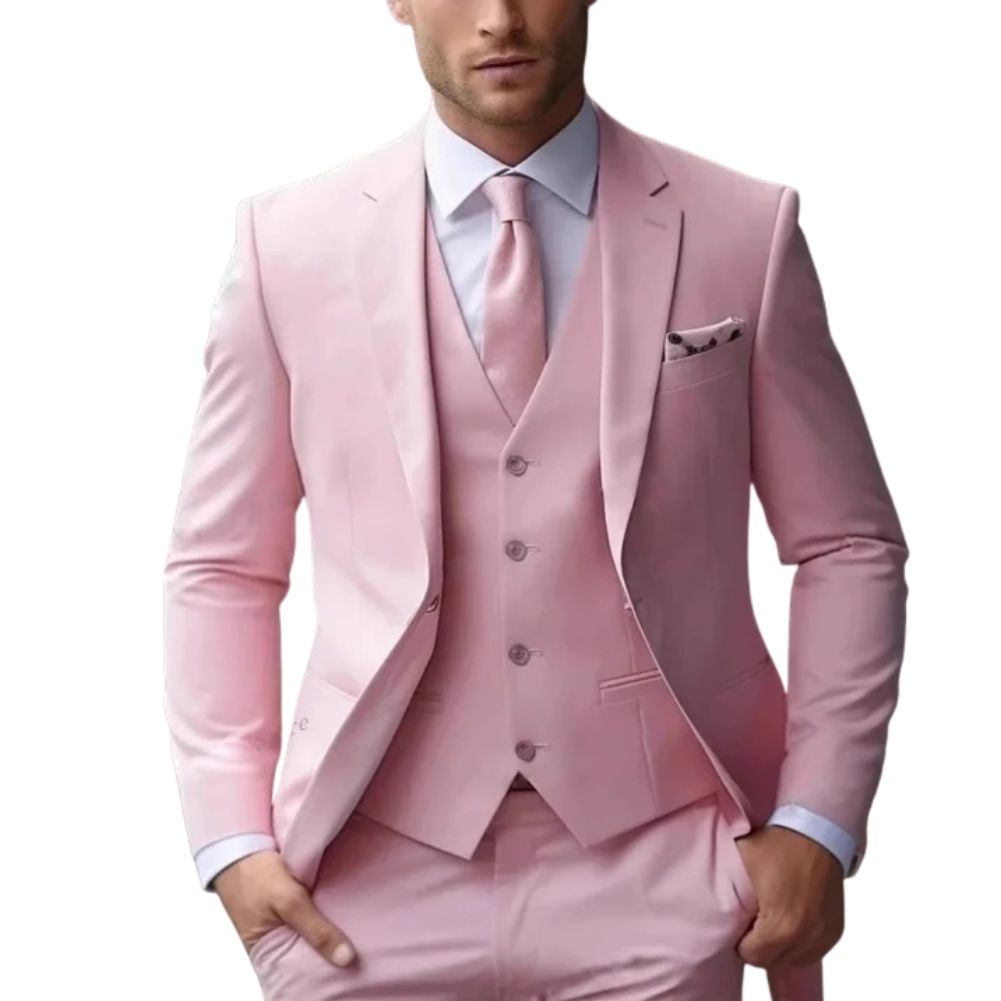 Men's slim fit three-piece formal suit in classic tone, sharp tailored silhouette for weddings and business