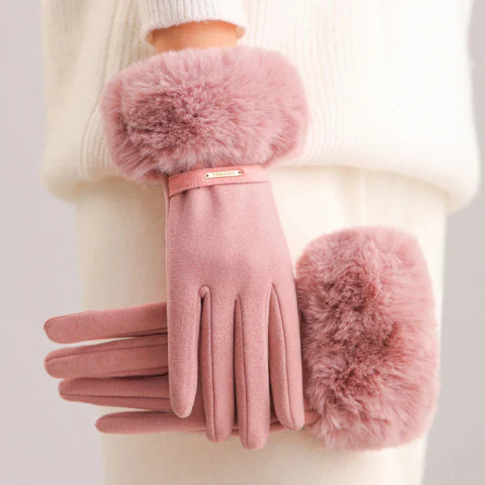 Women's fitted wrist-length gloves in classic tones with elegant faux fur cuff detail for everyday wear