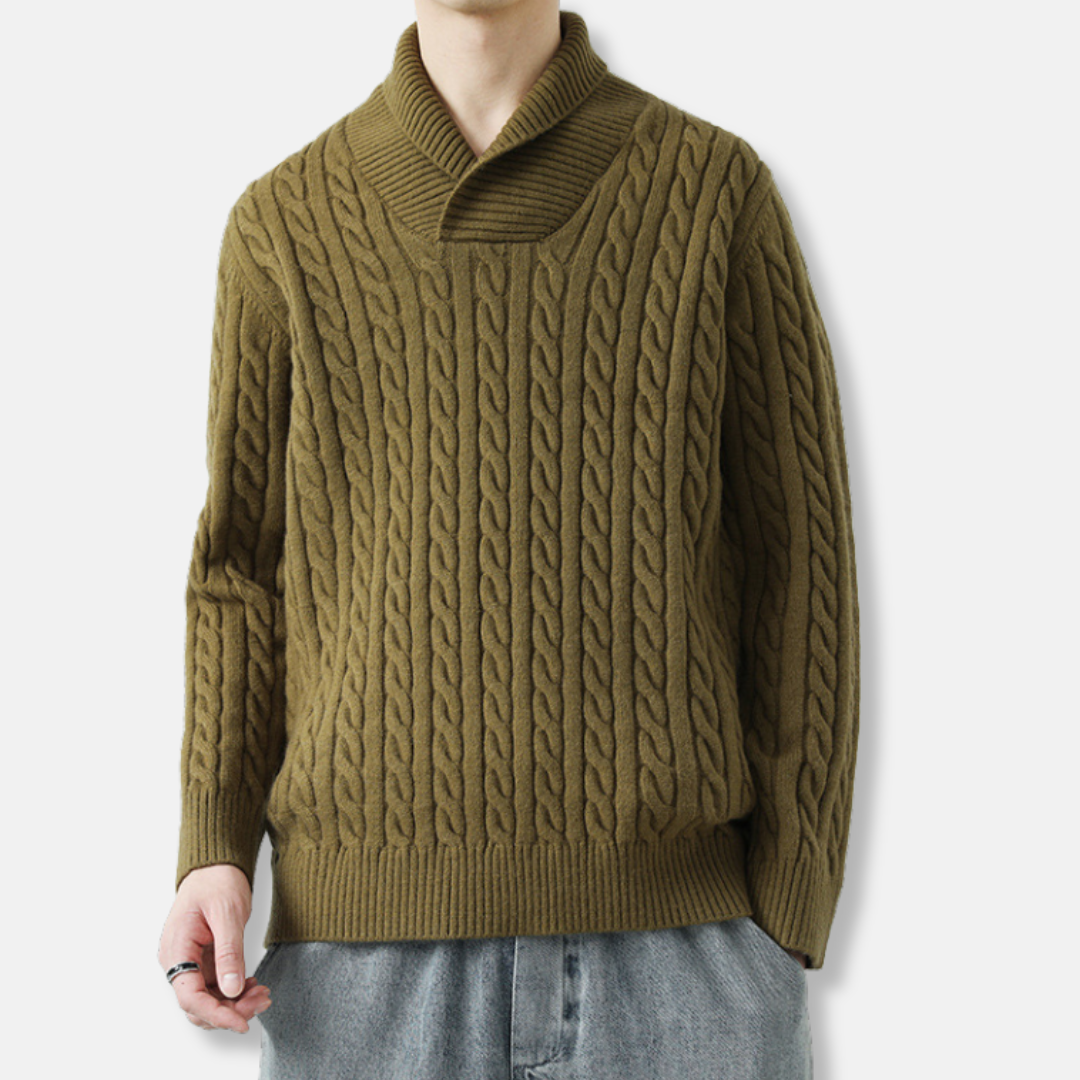 Men's cable knit shawl collar sweater relaxed fit, soft knit blend for smart-casual fall style