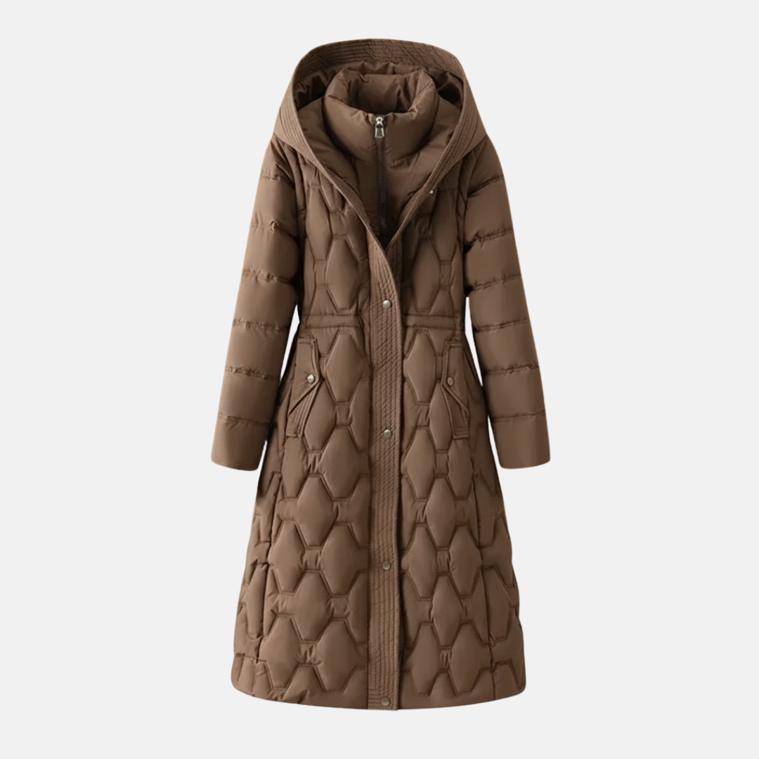 Women's long quilted jacket fitted waist hood padded insulation city winter coat