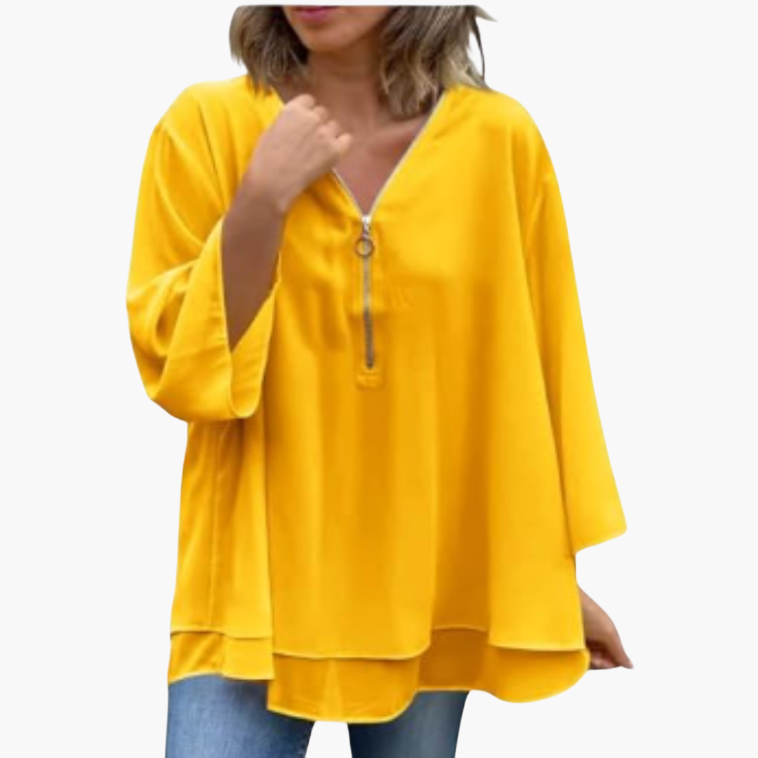 Women's half-zip long sleeve V-neck casual top in solid color with relaxed fit for all-day comfort