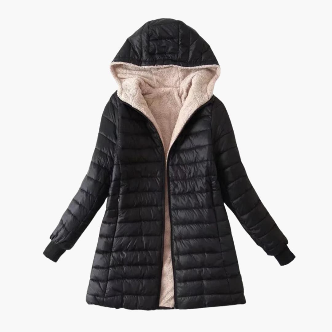 Women's quilted winter jacket with hood, zipper closure, fleece lining, and premium exterior warmth