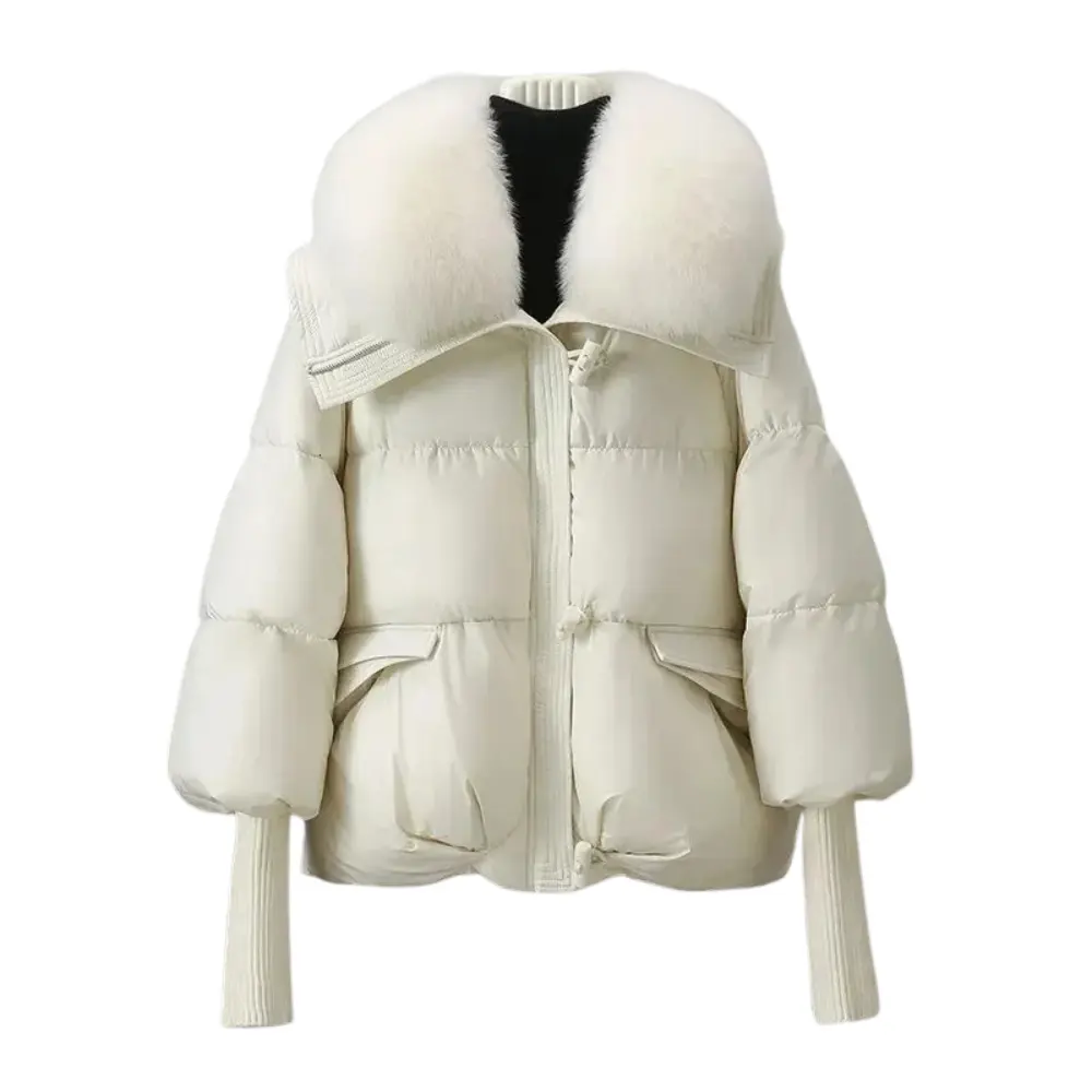 Women's black puffer jacket with grey faux fur collar, insulated slim fit for winter warmth