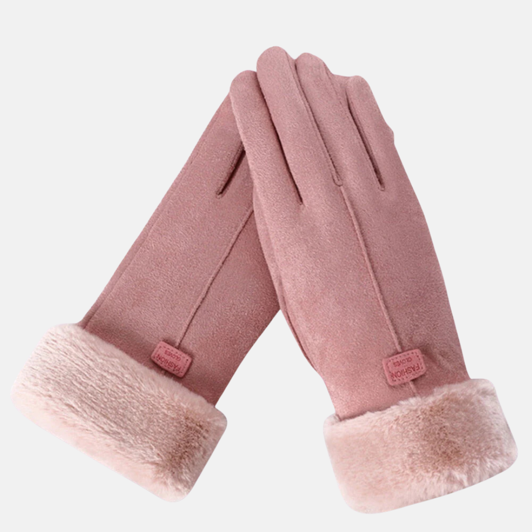 Women's slim-fit suede-like touchscreen gloves with plush faux fur cuffs for winter elegance