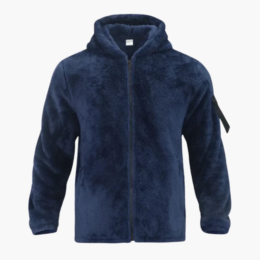 Men's hooded full-zip fleece jacket warm winter layer with side pockets versatile outdoor style