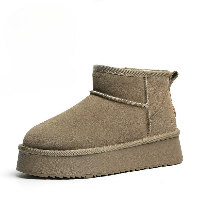 Women's brown suede platform ankle boots with plush lining, memory foam insole, and anti-slip outsole