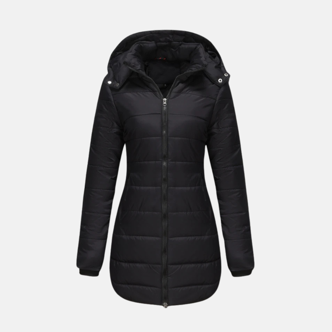 Women's longline quilted padded coat in neutral tone, hooded with two-way zipper insulated warmth