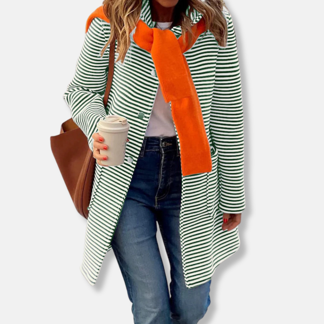 Women's relaxed-fit mid-thigh striped cotton blend trench coat with double-breasted closure