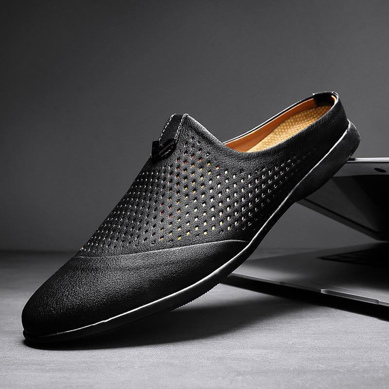 Montclair tan perforated Italian leather slip-on mule with breathable open-back design for warm climates