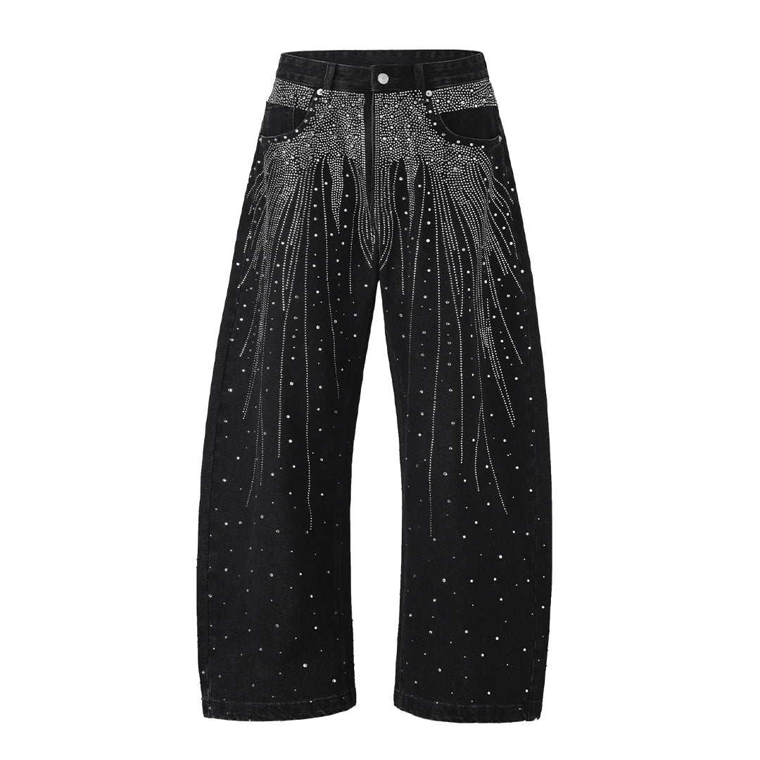Women's light wash wide leg denim jeans with Western rhinestone embellishments for sparkling comfort