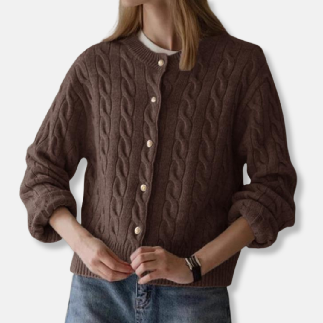 Women's beige relaxed-fit cable knit cardigan with button closure and ribbed edges for everyday style