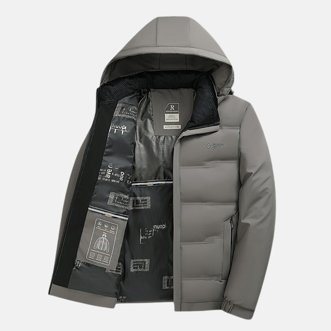 Men's quilted insulated hooded jacket, water-resistant lightweight thermal layer for outdoor adventures