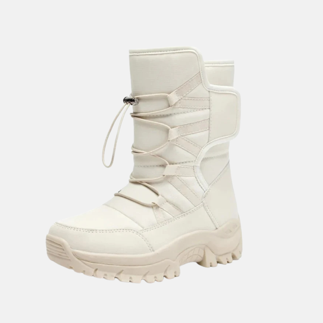 Women's black high-top quilted insulated winter boots with rugged sole for warmth and traction