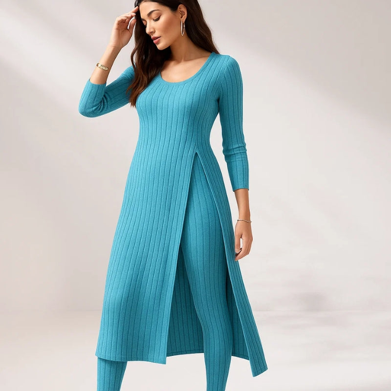 Women's ribbed knit lounge set split-hem top and pants cozy breathable two-piece in neutral tones