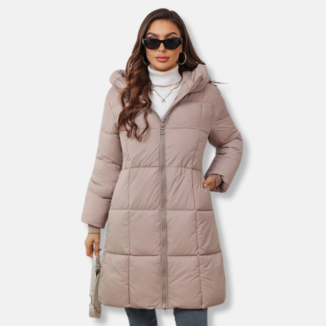 Women's slim-fit quilted mid-length hooded winter coat in insulated outerwear with tailored silhouette